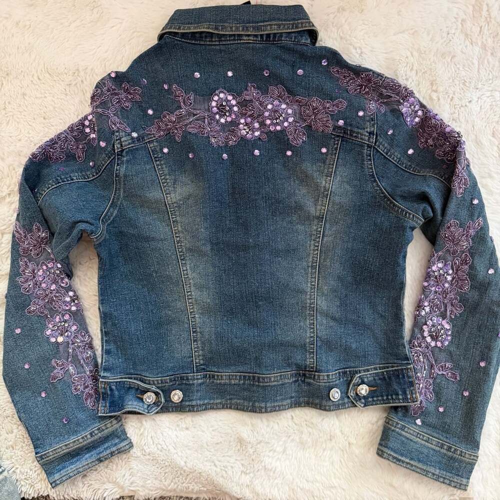 KAITY Embellished Denim Jacket With Purple Floral Lace And Rhinestones